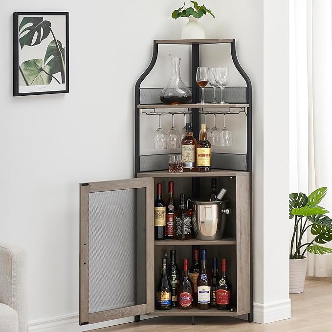 GarveeHome Corner Wine Cabinet with Detachable Wine Rack, 5-Tier Industrial Corner Bar Cabinet with Barn Door and Glass Holder, Farmhouse Buffet Cabinet and Home Bar, Grey