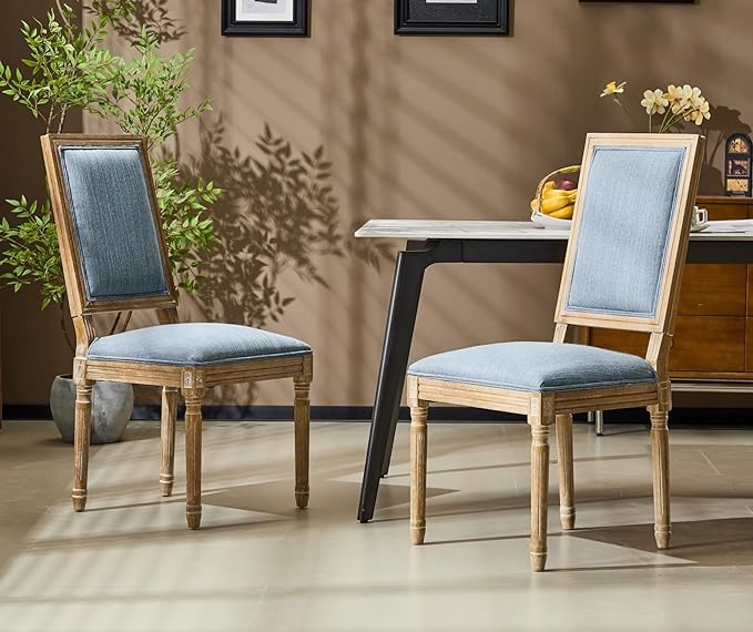 Merax Upholstered Solid Wood Dining Chairs Set of 2, French Country Style Accent Side Seating Furniture for Kitchen, Living Room, Cushioned Back, Slate Blue