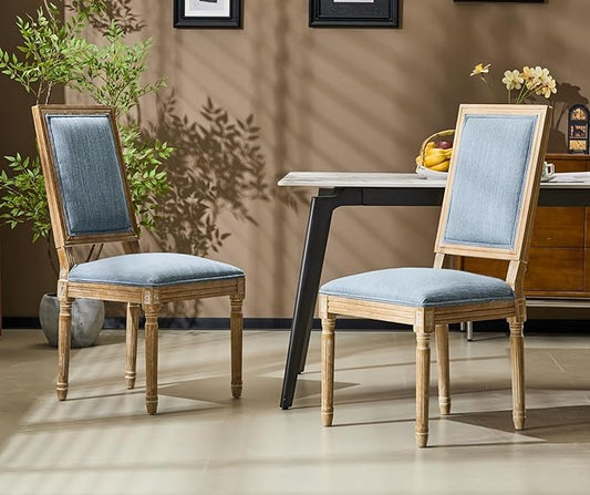 Merax Upholstered Solid Wood Dining Chairs Set of 2, French Country Style Accent Side Seating Furniture for Kitchen, Living Room, Cushioned Back, Slate Blue