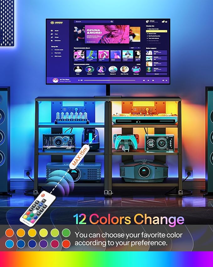 4-Tier AV Media Stand with Wheels, Stereo Stands, Media Console Shelf with Power Strips, LED Lights, Wooden Audio Cabinet Rack Tower for Record Player/Apple TV/ps4, Black TCJ60UDBB