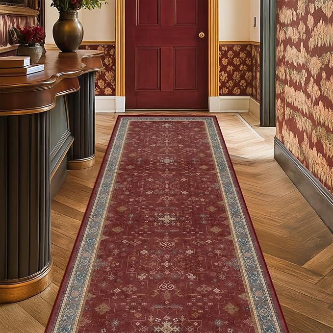 Non Slip 10ft Long Hallway Runner Rug Burgundy - 2 x 10 Runner Rug, Washable & Waterproof 2x10 Kitchen Floor Mat - Oriental Turkish Dark Red Design Décor