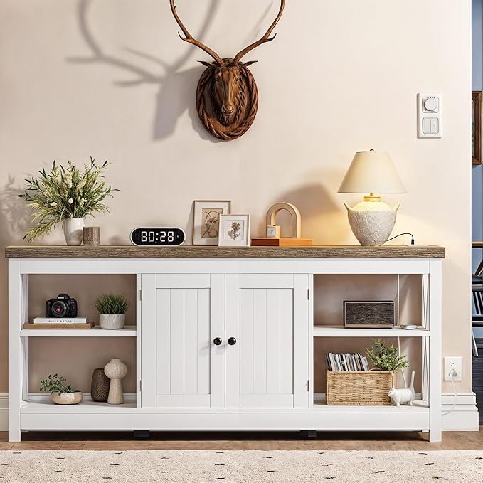 YITAHOME TV Stands for Living Room, Modern Entertainment Center with Power Outlets for Television up to 65 Inch, Farmhouse Media Console TV Cabinet with Adjustable Shelf & Open Shelves, White