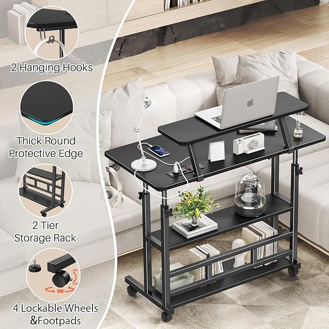 Adjustable Height Standing Desk with Power Outlets, Rolling Stand Up Desk with Monitor Stand and Storage Shelves, 31.5" Small Mobile Computer Desk, Portable Laptop Table (Black with Monitor Stand)