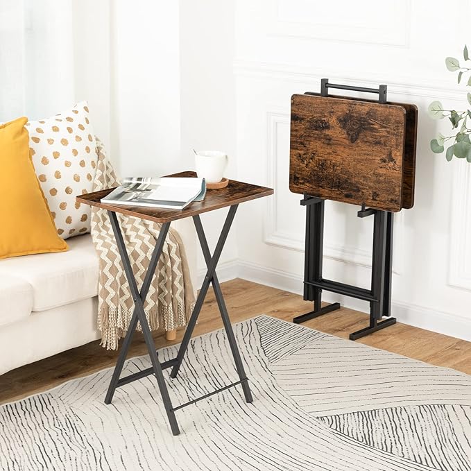 HOOBRO Folding TV Tray Table, TV Trays for Eating Set of 4 with Stand, Folding TV Dinner Tables for Small Space, Easy Assembly, Space Saving, Stable and Durable, Rustic Brown and Black BF20BZP401