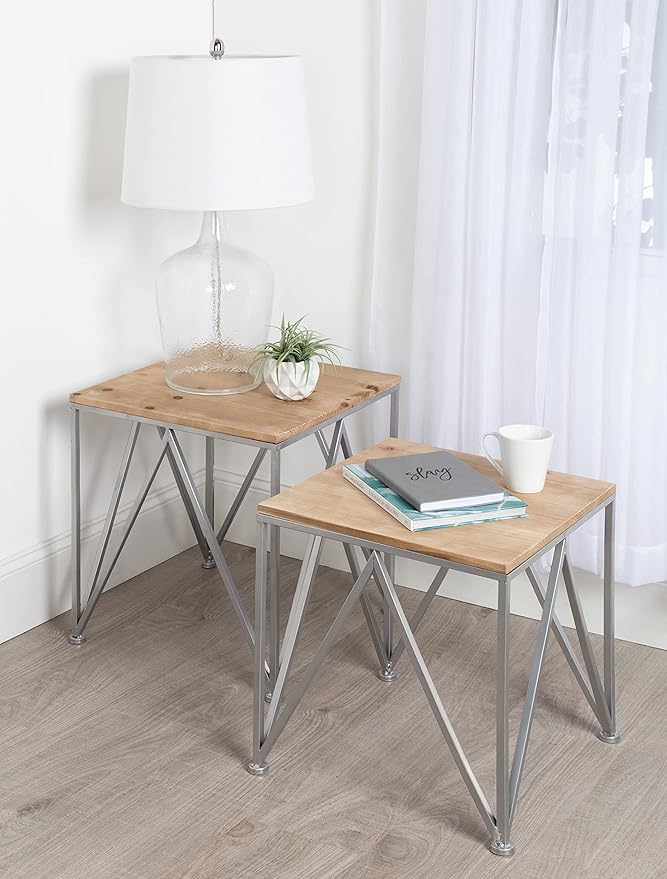 Kate and Laurel Uzma 2-Piece Modern Side Accent Tables Geometric Metal Silver Base with Natural Wood Tops