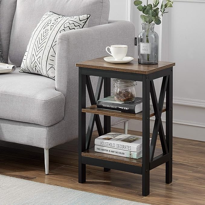 VECELO Modern Night Stand/Sofa Side/End Storage Shelf X-Design Versatile Nightstands Lamp Table Living Room Bedroom Furniture,Easy Assembly, Brown