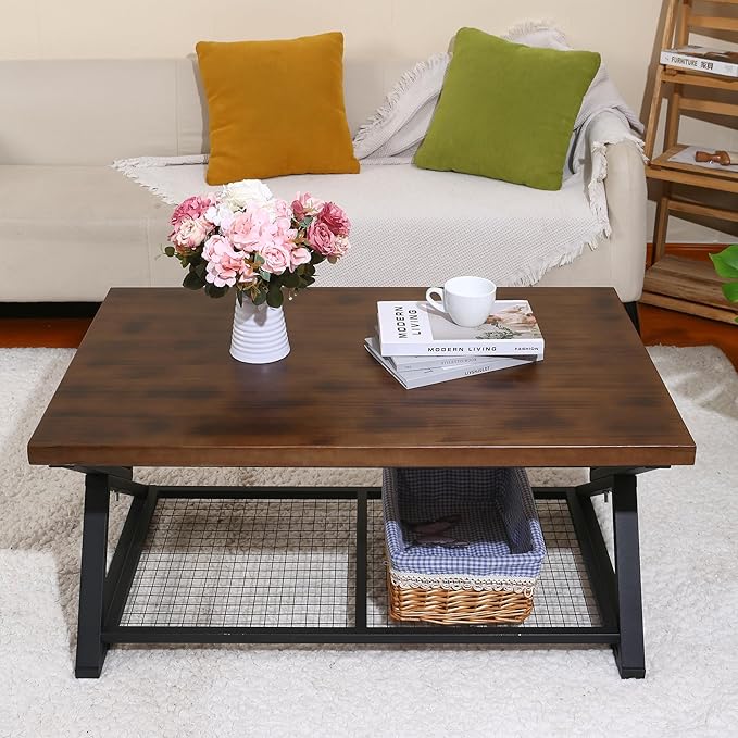 EASYSOUL Coffee Table with Storage Shelf, Solid Wood Top with Black Metal X-Frame, 39.37" D x 23.62" W x 18.11" H, Mid Century Modern Center Coffee Tables for Living Room with 2 Tier (Brow, 47.24")