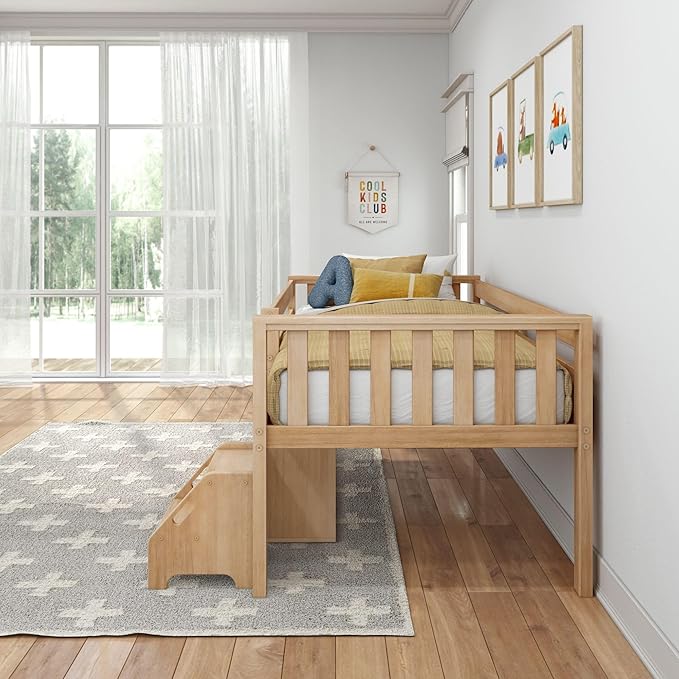 Max & Lily Soren Ultra Low Loft Bed, Twin Bed Frame for Kids with Bookcase, Blonde