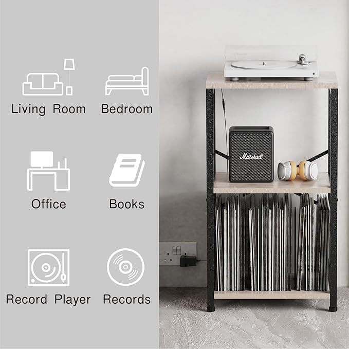End Table with LED Light,Record Player Stand with Albums Storage,Vinyl Records Storage,Turntable Stand Side Table for Music Room Studio Living Room Bedroom-Greige