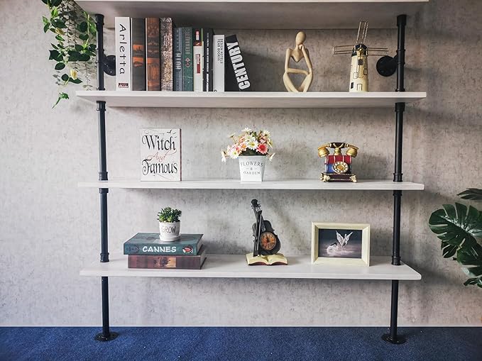 Pipe Industrial Ladder Shelves Bookcase, Wall Mounted Retro Wood Metal Pipe Rustic Bookshelf (White, 5 Tier - 10" D x 48" W x 70" H)