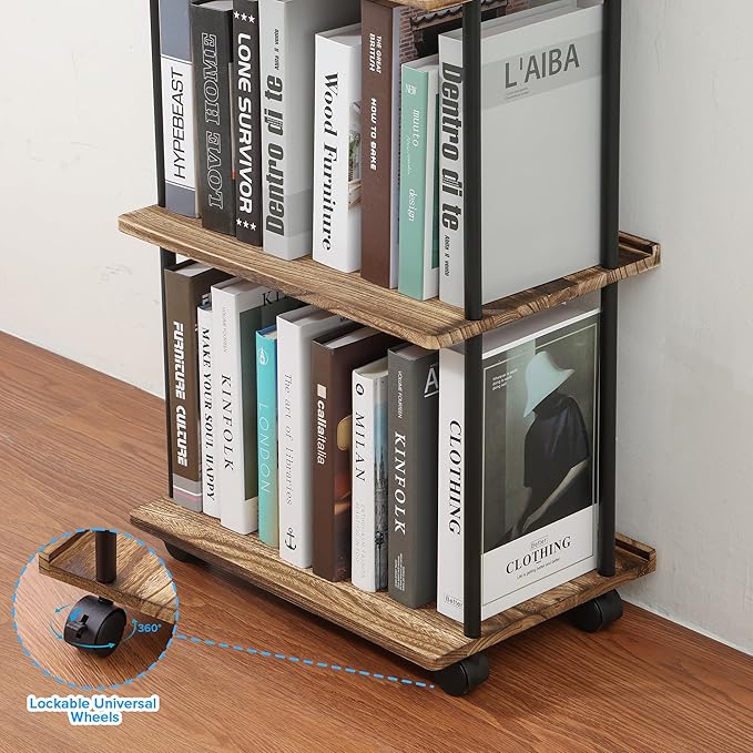 GETALL Tall Bookshelf with Wheels, 5 Tier Solid Wood Bookcase for Small Spaces, Corner Bookshelf Storage Organizer for CDs, Movies, Narrow Movable Shelfing Unit for Bedroom, Living Room