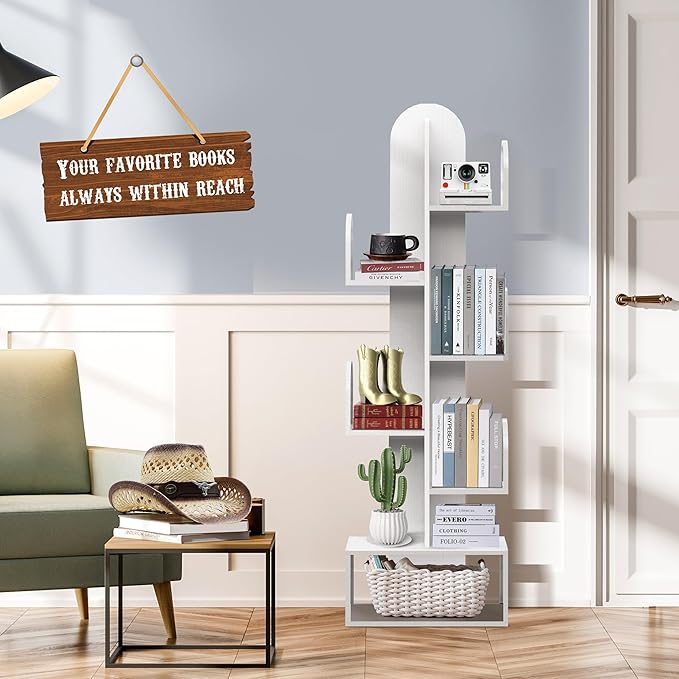 Cactus Tree Bookshelf, 5-Tier Wood 50" Tall Storage Rack for CDs/Movies/Books, Small Space-Saving Organizer Shelves for Living Room, Bedroom, Home Office (Shell Pink)