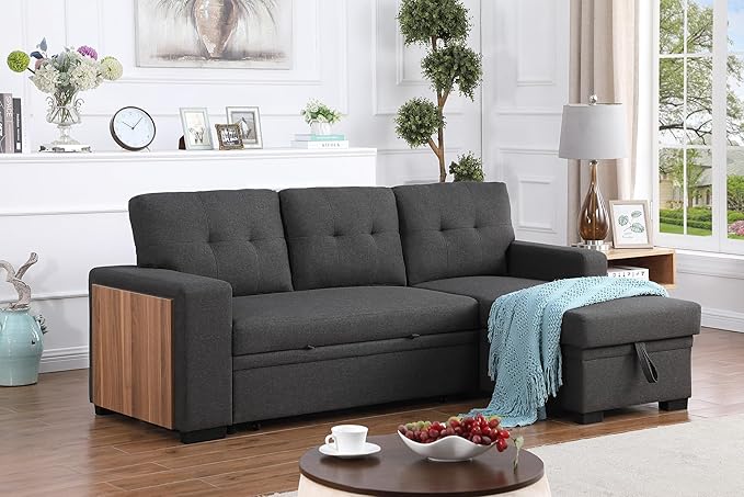 Ball & Cast L-Shape Reversible Sectional Sleeper Sofa Bed 4 in 1 Pull Out Couch with Storage Chaise USB Ports & Cup Holder Convertible Sleeper Corner Couch Pull-Out Sofa Bed for Living Room Office