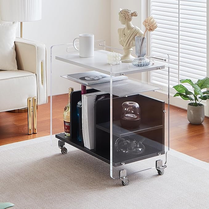 Acrylic Record Player Stand，Vinyl Storage Holder Cabinet with Wheels，Large Turntable Stand with Shelf,Coffe Table Movable End Table Nightstand Stereo Cabinet for Living Room Bedroom Office