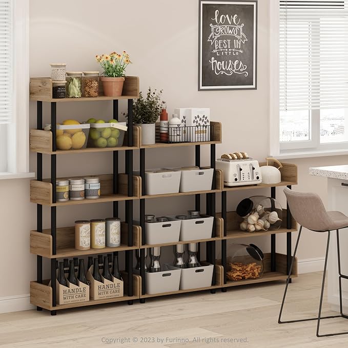 Furinno Turn-N-Tube 5-Tier Multipurposes Display Rack, Open Shelf Rack/Storage with back & side panel, Flagstaff Oak/Black