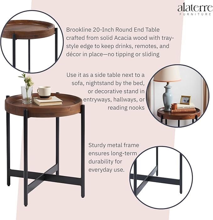 Alaterre Furniture Brookline 20" Round Wood End Table – Solid Top with Tray Edge and Black Metal Legs – Rustic Farmhouse Accent Table for Living Room, Bedroom, or Small Spaces (Medium Chestnut)