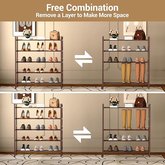 Haddockway Bamboo Shoe Rack for Closet, Free Standing Shoe Organizer with Smooth Round Rods & Convenient Handles, Stackable Shoe Storage Shelf for Entryway, Hallway(Brown, 5-Tier)