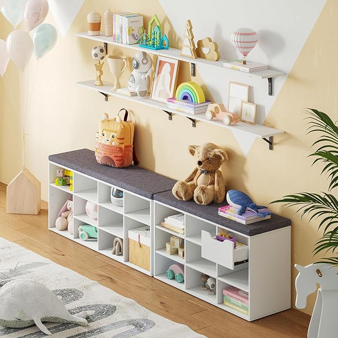 DINZI LVJ Shoe Bench,Entryway Storage Bench with Drawer and 8 Cubbies,Cubby Rack Adjustable Shelves,Shoe Organizer Cabinet for Living Room,Bedroom,Mudroom,Closet Garage,White