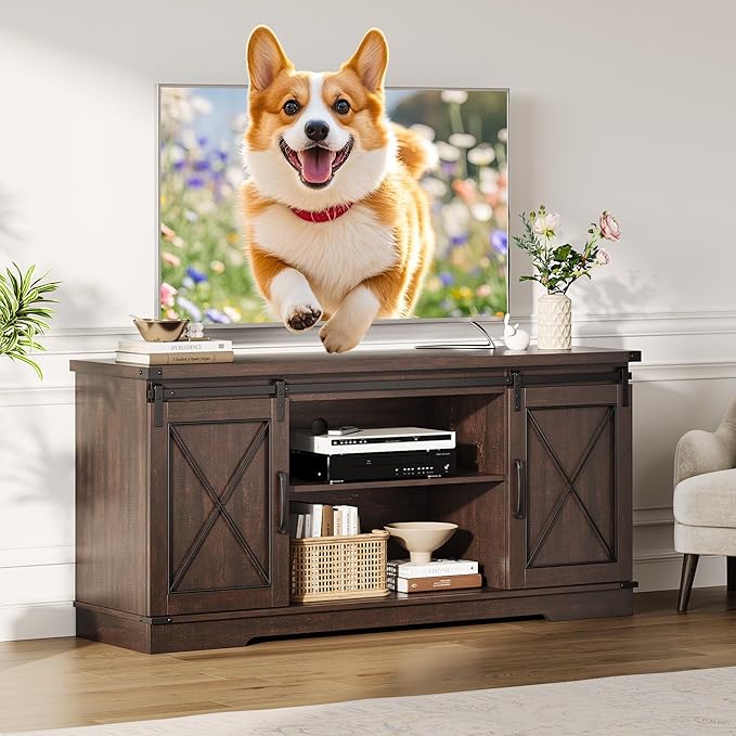 CABIHOME Farmhouse TV Stand and Entertainment Center for Tv up to 65 inches with Sliding Barn Doors and Adjustable Shelf, TV Media Storage Console Table for Living Room, Brown