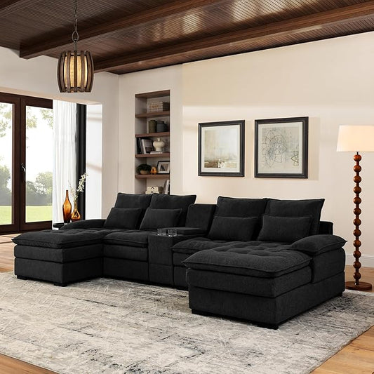 KEIKI 130" U-Shaped 6 seat Sofa with Storage Console, Cup Holders, Upholstered Sectional Sofa, Button Tufted Cloud Cushion Couch for Home, Office, Apartment, Black