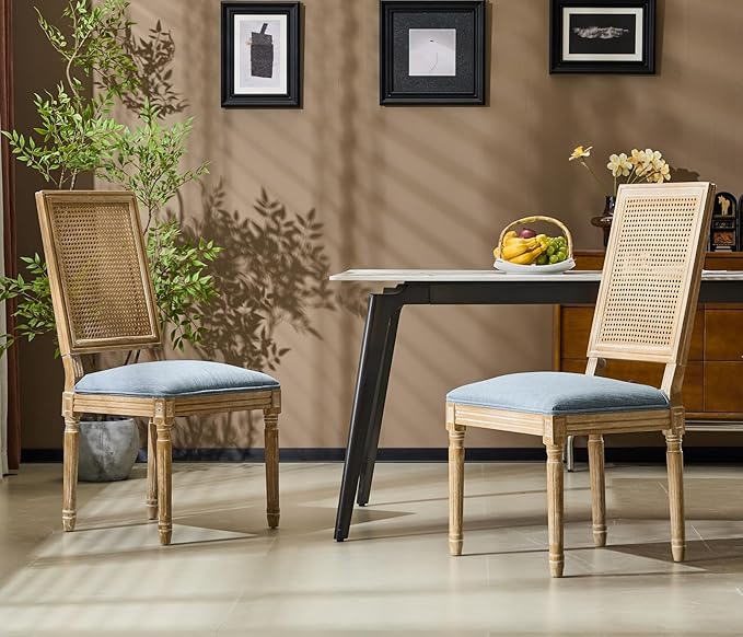 Merax Upholstered Solid Wood Dining Chairs Set of 2, French Country Style Accent Side Seating Furniture for Kitchen, Living Room, Wicker Back, Slate Blue