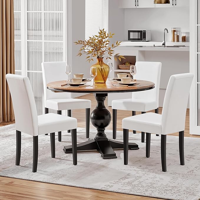Yaheetech Dining Chairs Set of 4 PU Leather Upholstered Parsons Dining Chairs with Solid Wood Legs for Kitchen/Living Room/Restaurant, Modern Style, White
