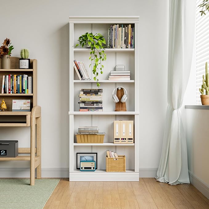 YESHOMY 72" Bookcase and Bookshelf, 5-Tier Wood Bookcases with Shelves, Tall Floor Standing Book Shelf Storage Cabinet Home Decor Furniture for Living Room, Home Office, White, 1 PCS