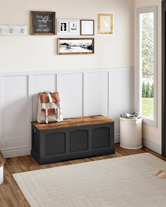 39.4" Storage Chest Bench with Lift Lid, Toy Chest with Safety Hinge, Entryway Shoe Bench, Wooden Storage Trunk, Holds up to 220 lb, for Living Room, Bedroom, Black and Rustic Brown MCW12BF