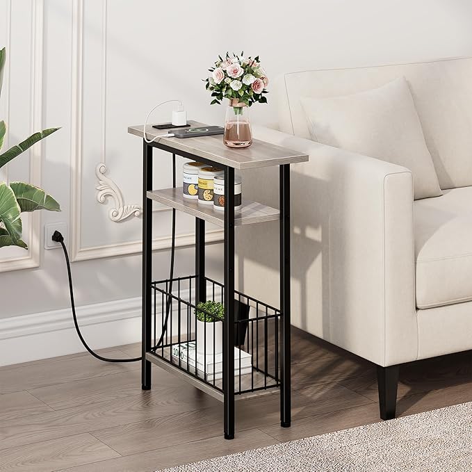 Vagusicc Narrow Side Table with Charging Station, Skinny Side End Table for Couch, 3-Tier Small End Tables for Small Spaces, 25.2" Tall Slim Nightstand Bedside Table for Living Room, Bedroom, Greige