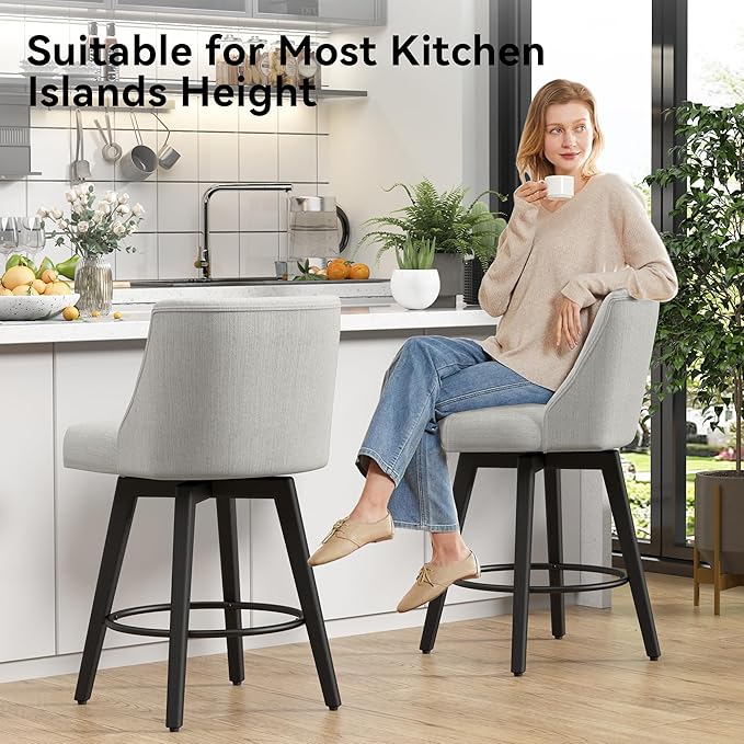 Vipbear Swivel Counter Height Bar Stools Set of 3,26.8" H Counter Stools with Back, Mid Century Modern Bar Stools for Kitchen Island,Linen Fabric,Wooden Base, White