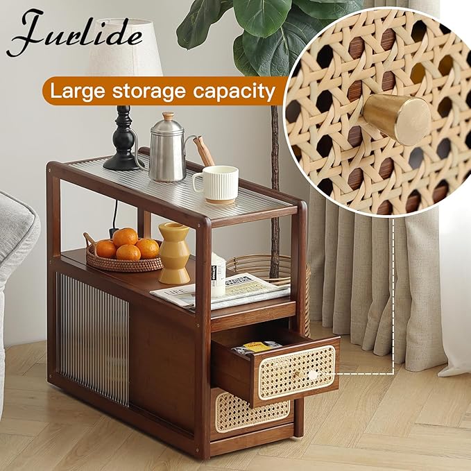 Rattan Nightstand Side Table with Storage, Bamboo Nightstand Bedside Table, Glass Mid Century Modern End Tables for Small Spaces, Living Room, Bedroom，Walnut
