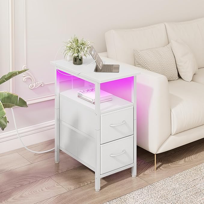 Vagusicc Set of 2 White Nightstand with Charging Station and LED Lights, Narrow Side Table, LED Night Stand with 2 Fabric Drawers, Bedside Table Small End Table, Tall Nightstand for Bedroom, White