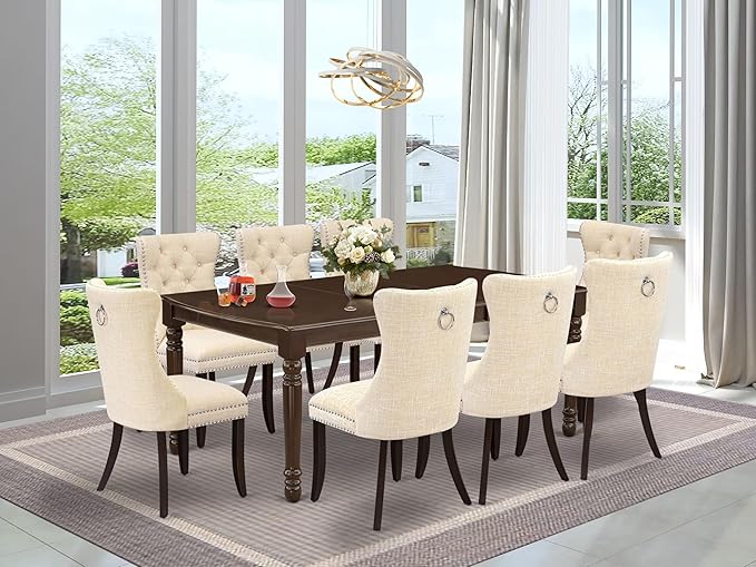 East West Furniture DODA9-MAH-32 9 Piece Dining Table Set Contains a Rectangle Kitchen Table with Butterfly Leaf and 8 Polyester Fabric Padded Chairs, 42x78 Inch, Mahogany