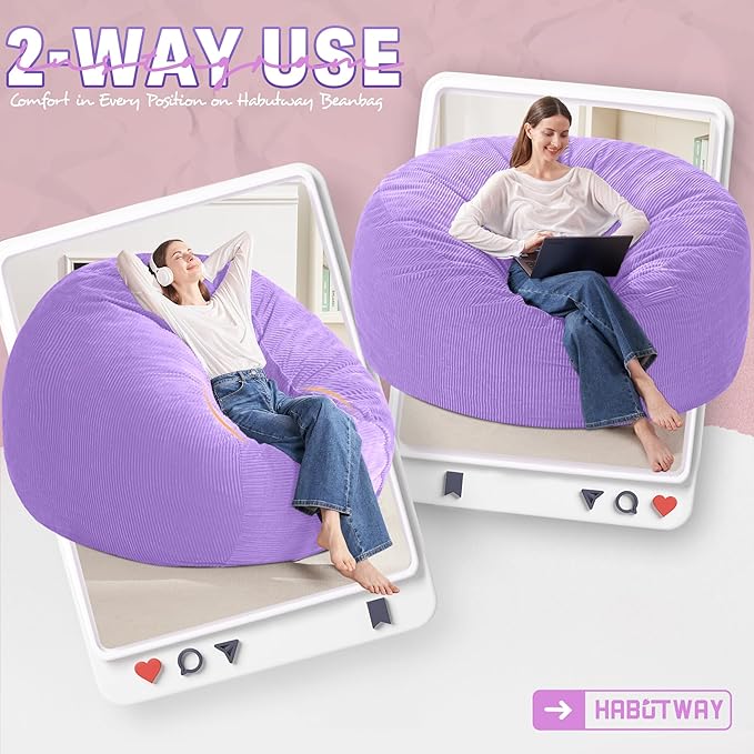 HABUTWAY 6FT Bean Bag Chair,Giant Bean Bag Chairs for Adults,Big Bean Bags with Memory Foam Filled, Large Beanbag Chairs with Soft Corduroy Cover-Purple