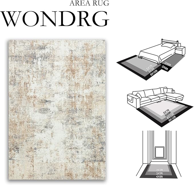 6x9 Washable Area Rug Gold Grey Neutral Abstract Living Room Bedroom Large Throw Rug Non Slip Soft Low Pile Indoor Floor Carpet for Dining Room Kitchen Office Entryway