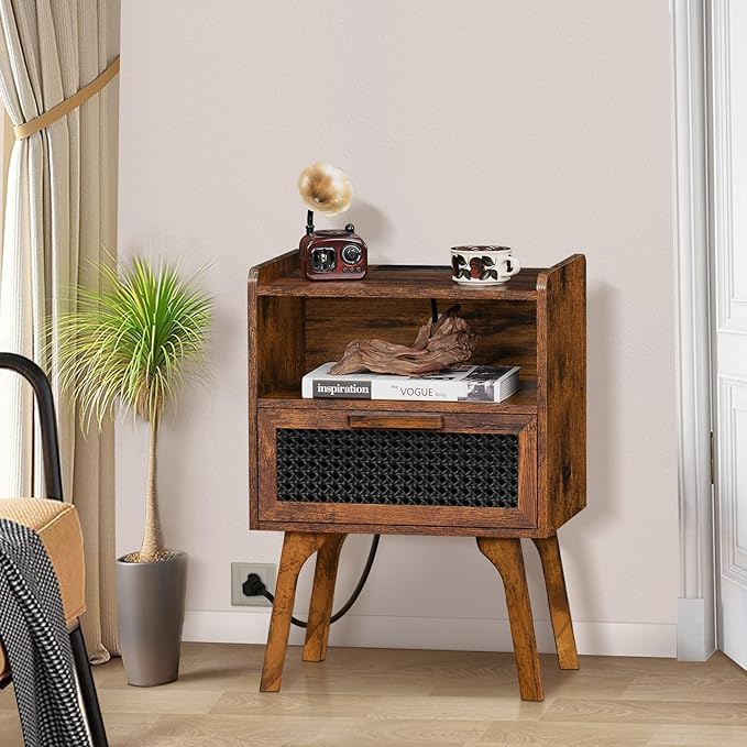Lerliuo Rattan Nightstands Set of 2 with Charging Station, Boho Side Table with Drawer Open Shelf, Cane Accent Bedside End Table with Solid Wood Legs for Bedroom, Dorm and Small Spaces (Brown)