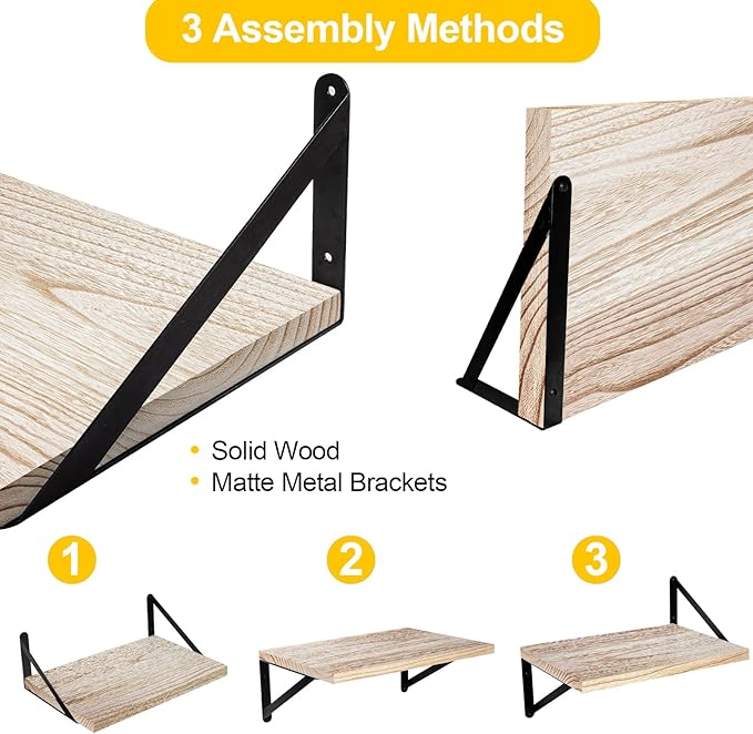 SAUMONIERES Floating Shelves Wall Bookshelf for Bedroom Bathroom Living Room Wood Wall Mounted Wide Deep Storage, Rustic Torched Wall Shelves Set of 2