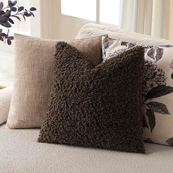 Foindtower 2 Pieces 24x24 Inch Dark Brown, Faux Fur Throw Pillow Cover Accent Sherpa Furry Pillow Covers Fuzzy Soft Pillowcases Cozy Sheepskin Decorative Fleece Cushion Case for Bed Couch Living Room