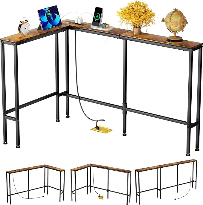 GRLEAF L Shaped Narrow Console Table with Outlet, 78" Sofa Tables Narrow Long, Behind Couch Table, Skinny Entryway Tables with Charging Station,for Living Room,Hallway (Rustic Brown,78IN)
