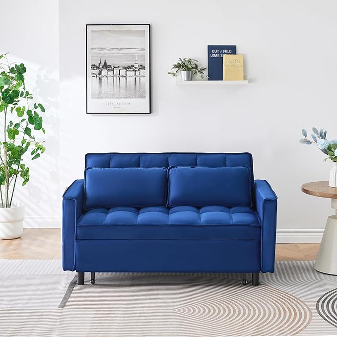 Ball & Cast 55" Convertible Sofa Bed,3 in 1 Sleeper Sofa W/Pull-Out Bed,Convertible Pull Out Couch W/2 Pillows,Adjustable Backrest & Side Pocket,Velvet Futon Couches for Living Room,Apartment,Blue