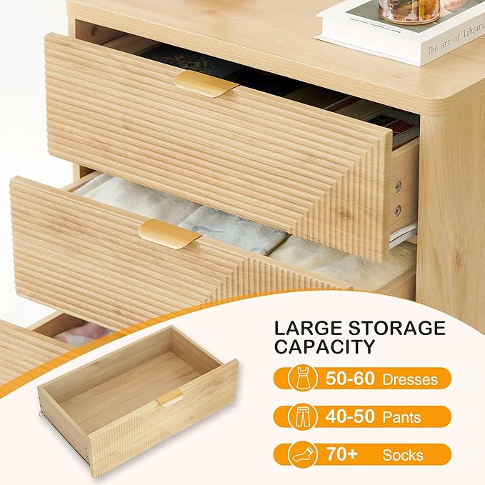 3 Drawer Fluted Nightstand for Bedroom, Modern Wood Chest of Drawers with Curved Profile, Fluted Dresser & Wood Drawer Organizer for Bedroom and Hallway