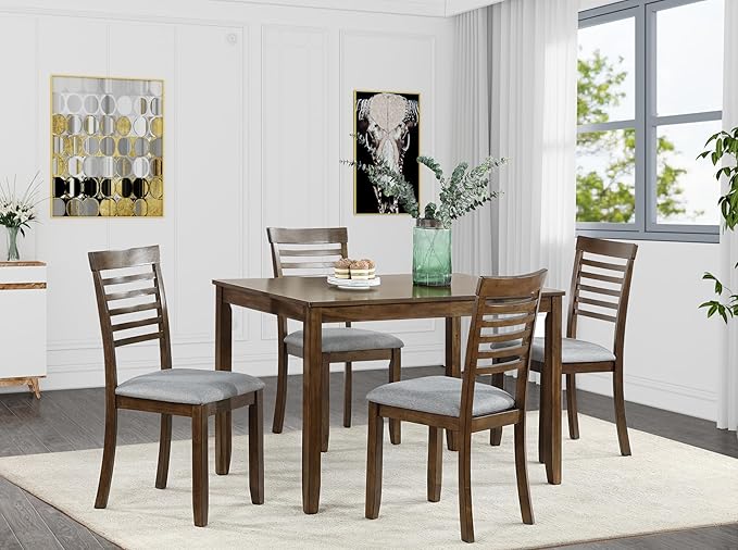 KEIKI 5-Piece Standard Height Dining Table Set with Rectangular Table and 4 Upholstered Ladder Backrset Chair, for 4 Person, Modern Wooden Table Set, Easy Assembly, for Kitchen, Dining Room, Walnut