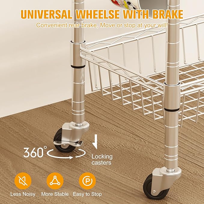Rolling Kitchen Storage Cart, 3-Tier Storage Rack on Caster Wheels with Adjustable 2 Baskets, Coffee Station Cart Rack Shelf Organizer for Living Room Office, Balcony, Chrome/Silver