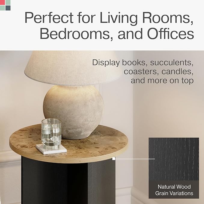 Round Accent Table for Living Room Furniture - 16-Inch Round Top, Burl Wood Veneer & Black Cross Base - Small Side & End Table & Nightstand
