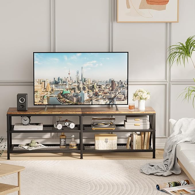 TV Stand for TVs up to 70 Inch, 63" Long Industrial TV Console Table with 3-Tier Storage Shelves, Entertainment Center for Living Room, Bedroom (Rustic Brown)