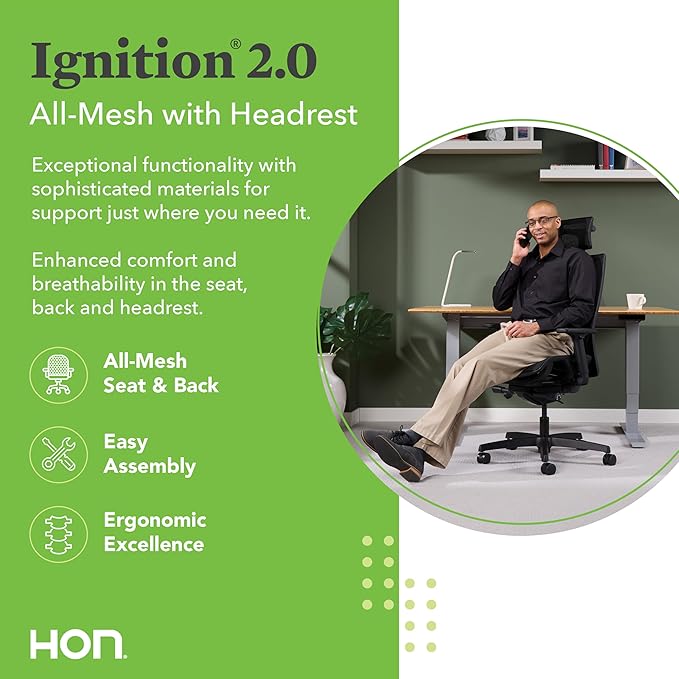 HON Ignition 2.0 Ergonomic Office Chair with Headrest, Adjustable Tilt, Swivel Wheels, Comfy for Long Hours, Home Office Desk Chairs, Black
