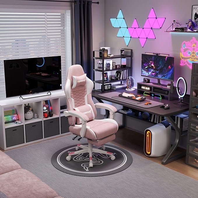 Gaming Chair, Computer Chairs for Adults with Lumbar Support and Massager, Comfortable Gamer Chair with Footrest & Pocket Spring Cushion, Ergonomic Home Office Chair, Pink, Fabric