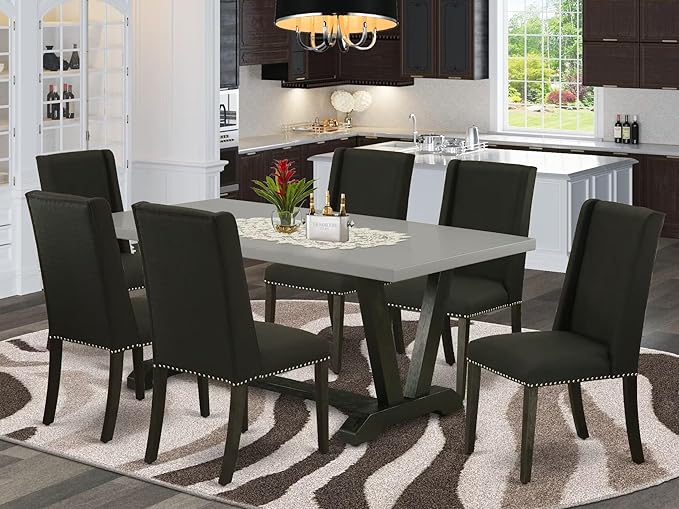 East West Furniture V697FL624-7 7 Piece Modern Dining Table Set Consist of a Rectangle Wooden Table with V-Legs and 6 Black Linen Fabric Parson Dining Chairs, 40x72 Inch, Multi-Color