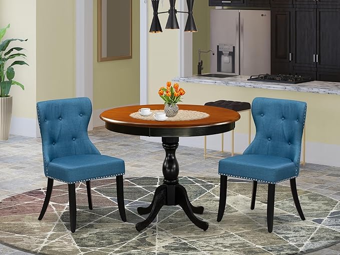 East West Furniture AMSI3-BCH-21 3 Piece Dinette Set for Small Spaces Contains a Round Kitchen Table with Pedestal and 2 Blue Linen Fabric Parson Dining Chairs, 36x36 Inch, Black & Cherry