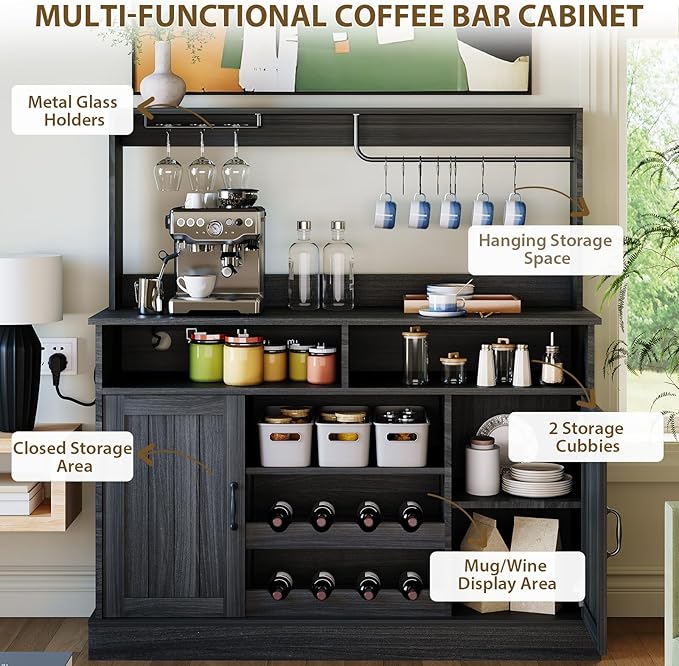 47" Farmhouse Buffet Sideboard Cabinet with Power Outlets Coffee Bar Cabinet with Storage, Large Buffet Storage Cabinet Table with Wine Racks, Goblet Holder, Hooks for Kitchen, Dining Room, Grey